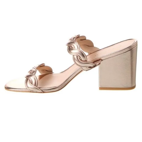 Stuart Weitzman Rose Gold Twistie Block 75MM Metallic Leather Sandal size 8 NWOB