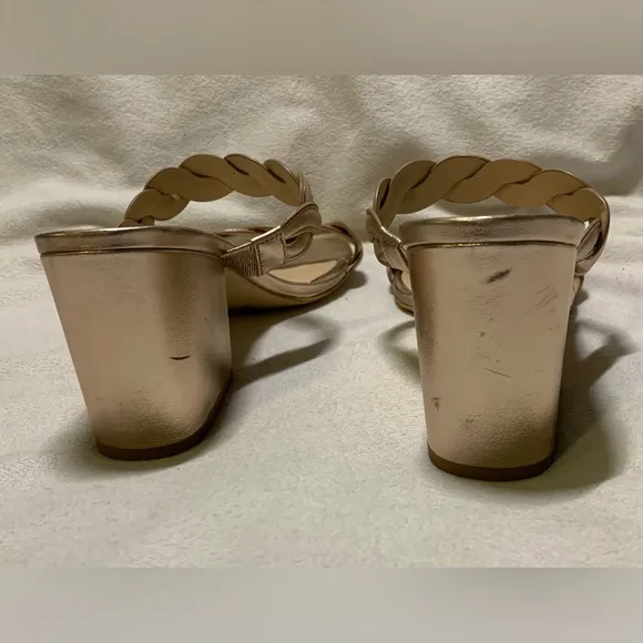 Stuart Weitzman Rose Gold Twistie Block 75MM Metallic Leather Sandal size 8 NWOB