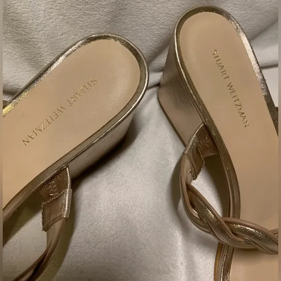 Stuart Weitzman Rose Gold Twistie Block 75MM Metallic Leather Sandal size 8 NWOB