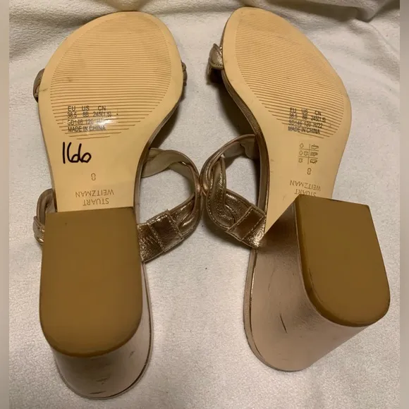 Stuart Weitzman Rose Gold Twistie Block 75MM Metallic Leather Sandal size 8 NWOB