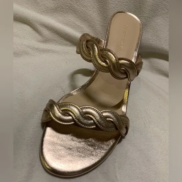 Stuart Weitzman Rose Gold Twistie Block 75MM Metallic Leather Sandal size 8 NWOB