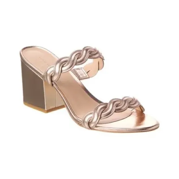 Stuart Weitzman Rose Gold Twistie Block 75MM Metallic Leather Sandal size 8 NWOB