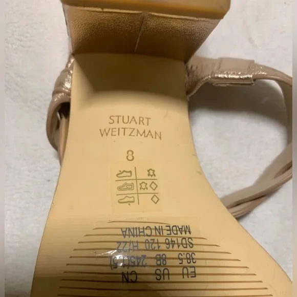 Stuart Weitzman Rose Gold Twistie Block 75MM Metallic Leather Sandal size 8 NWOB