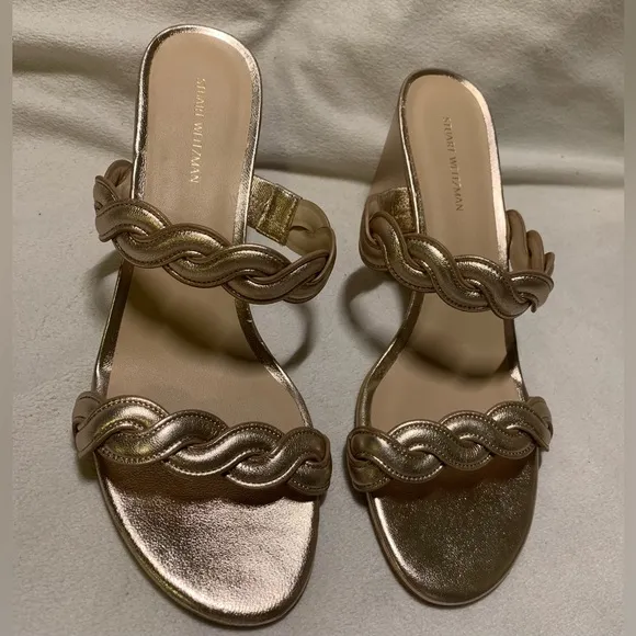 Stuart Weitzman Rose Gold Twistie Block 75MM Metallic Leather Sandal size 8 NWOB