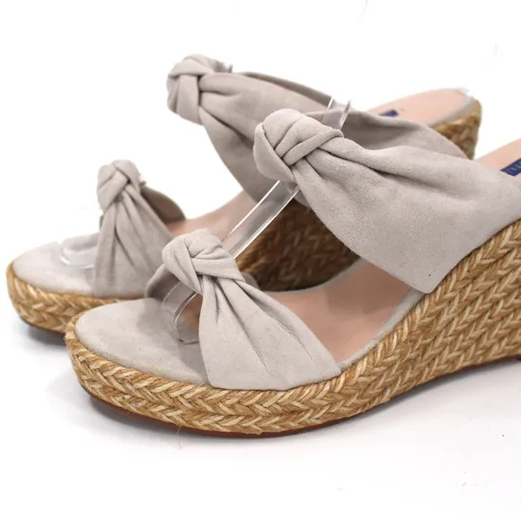 Stuart Weitzman Sarina Grey Suede Knotted Espadrille Wedge Sandals 7 Heeled Shoe