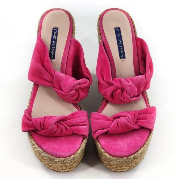 STUART WEITZMAN Sarina Knotted Suede Wedge Sandals Pink Espadrille Platform