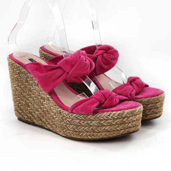 STUART WEITZMAN Sarina Knotted Suede Wedge Sandals Pink Espadrille Platform