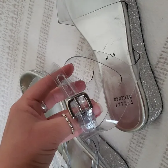 Stuart Weitzman silver glitter platform clear ankle strap occasion shoes, 6.5