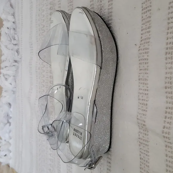 Stuart Weitzman silver glitter platform clear ankle strap occasion shoes, 6.5