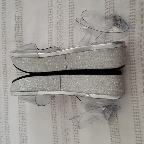 Stuart Weitzman silver glitter platform clear ankle strap occasion shoes, 6.5