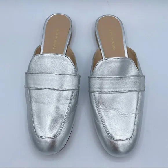 Stuart Weitzman Silver Leather Mules Shoes 8 1/2