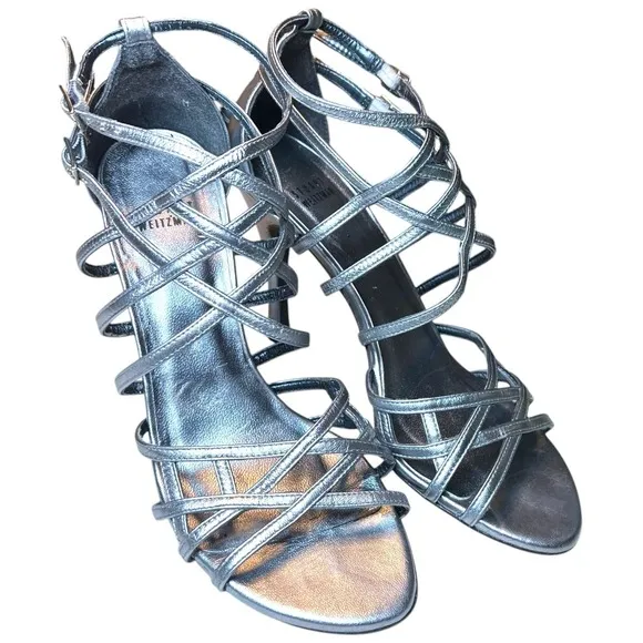 Stuart Weitzman Silver Strappy Heels Size 8 M  Sandals Metallic Stiletto