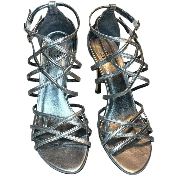 Stuart Weitzman Silver Strappy Heels Size 8 M  Sandals Metallic Stiletto