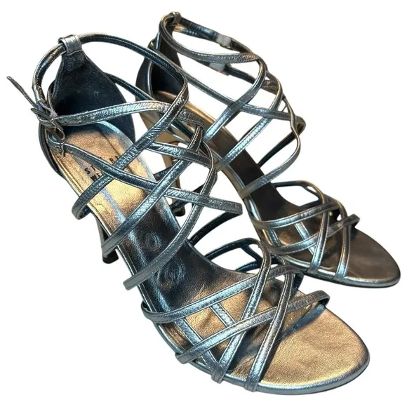 Stuart Weitzman Silver Strappy Heels Size 8 M  Sandals Metallic Stiletto