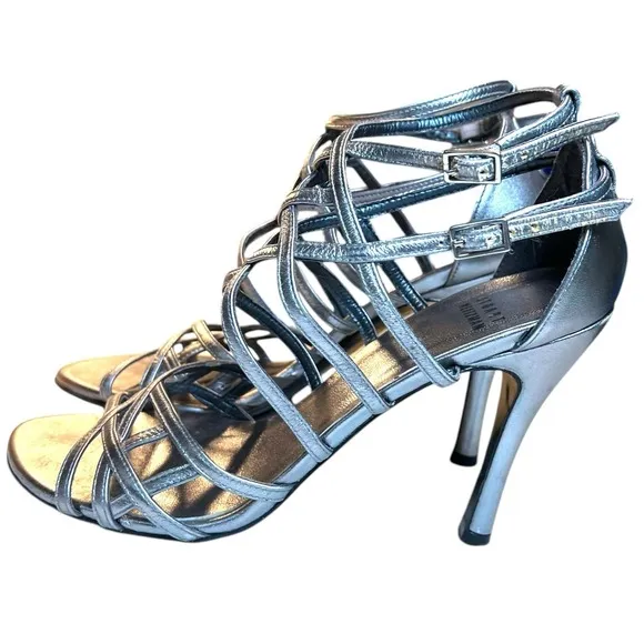 Stuart Weitzman Silver Strappy Heels Size 8 M  Sandals Metallic Stiletto