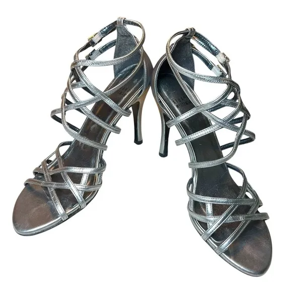 Stuart Weitzman Silver Strappy Heels Size 8 M  Sandals Metallic Stiletto