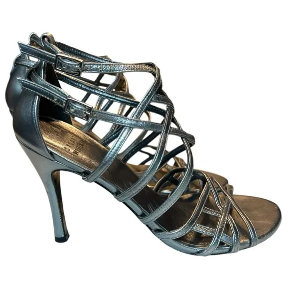 Stuart Weitzman Silver Strappy Heels Size 8 M  Sandals Metallic Stiletto