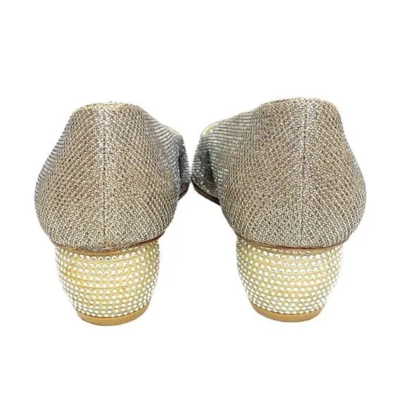 Stuart Weitzman Size 4 Nearlynude Lurex Block Heel Pointed Toe Shoes Silver $425