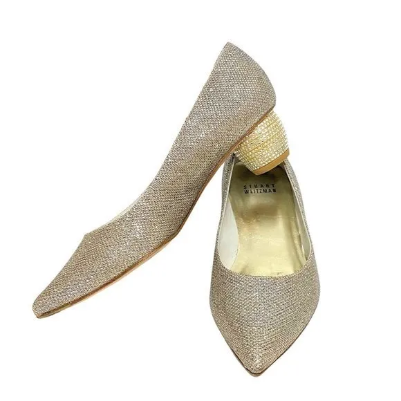 Stuart Weitzman Size 4 Nearlynude Lurex Block Heel Pointed Toe Shoes Silver $425