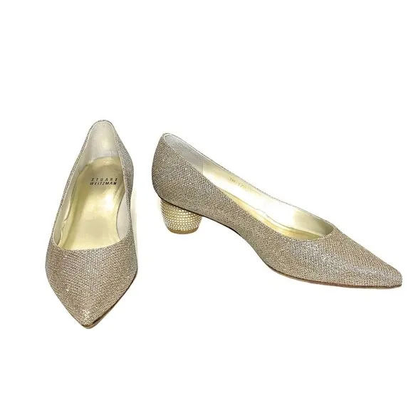 Stuart Weitzman Size 4 Nearlynude Lurex Block Heel Pointed Toe Shoes Silver $425