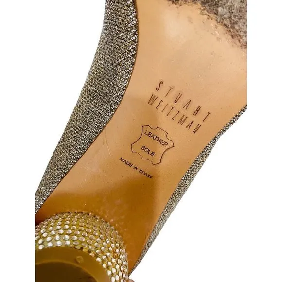 Stuart Weitzman Size 4 Nearlynude Lurex Block Heel Pointed Toe Shoes Silver $425