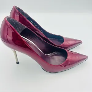 Stuart Weitzman Size 7 Burgundy Red Patent Leather Stiletto Silver METAL HEELS