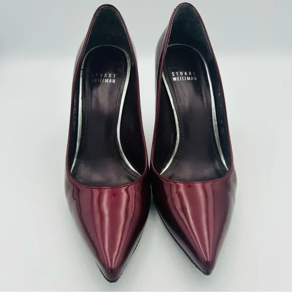 Stuart Weitzman Size 7 Burgundy Red Patent Leather Stiletto Silver METAL HEELS