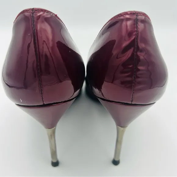 Stuart Weitzman Size 7 Burgundy Red Patent Leather Stiletto Silver METAL HEELS