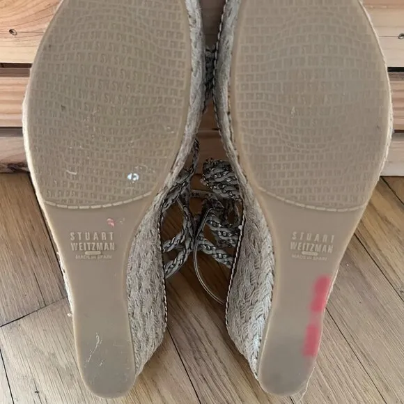 Stuart Weitzman size 7.5 Metallic Braided Strappy Espadrille Wedge Sandals