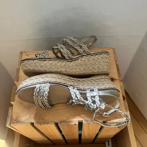 Stuart Weitzman size 7.5 Metallic Braided Strappy Espadrille Wedge Sandals