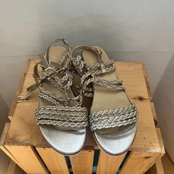 Stuart Weitzman size 7.5 Metallic Braided Strappy Espadrille Wedge Sandals