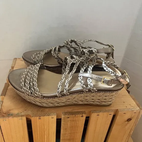 Stuart Weitzman size 7.5 Metallic Braided Strappy Espadrille Wedge Sandals
