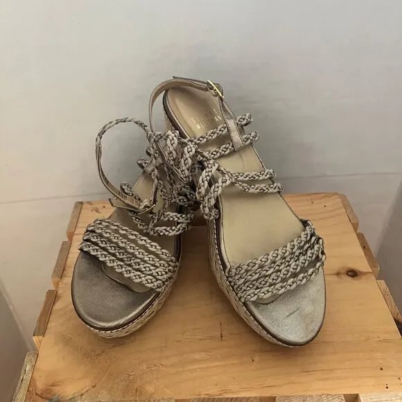 Stuart Weitzman size 7.5 Metallic Braided Strappy Espadrille Wedge Sandals
