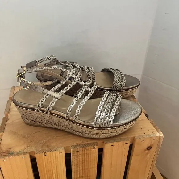 Stuart Weitzman size 7.5 Metallic Braided Strappy Espadrille Wedge Sandals