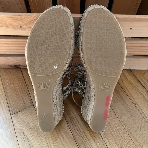 Stuart Weitzman size 7.5 Metallic Braided Strappy Espadrille Wedge Sandals