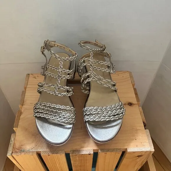 Stuart Weitzman size 7.5 Metallic Braided Strappy Espadrille Wedge Sandals