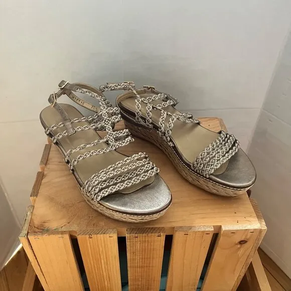 Stuart Weitzman size 7.5 Metallic Braided Strappy Espadrille Wedge Sandals