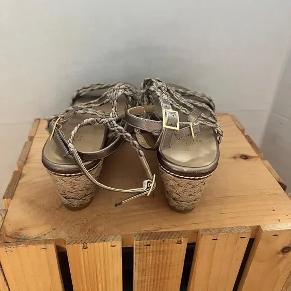 Stuart Weitzman size 7.5 Metallic Braided Strappy Espadrille Wedge Sandals