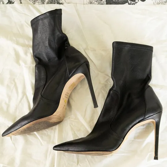 Stuart Weitzman Women's 100 Stretch Leather Stiletto Bootie Size 9.5 Black Shoes