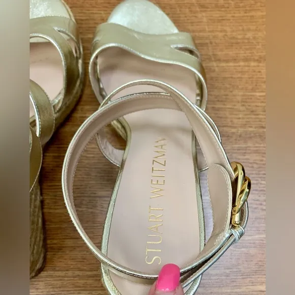 Stuart Weitzman Zuzu gold espadrille wedge sandals