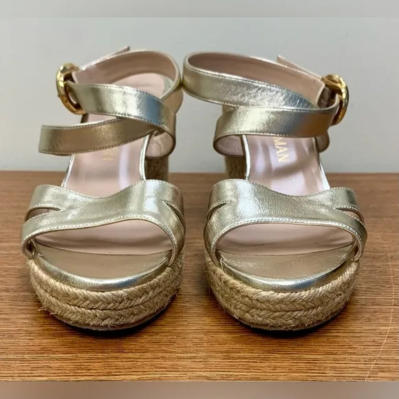 Stuart Weitzman Zuzu gold espadrille wedge sandals