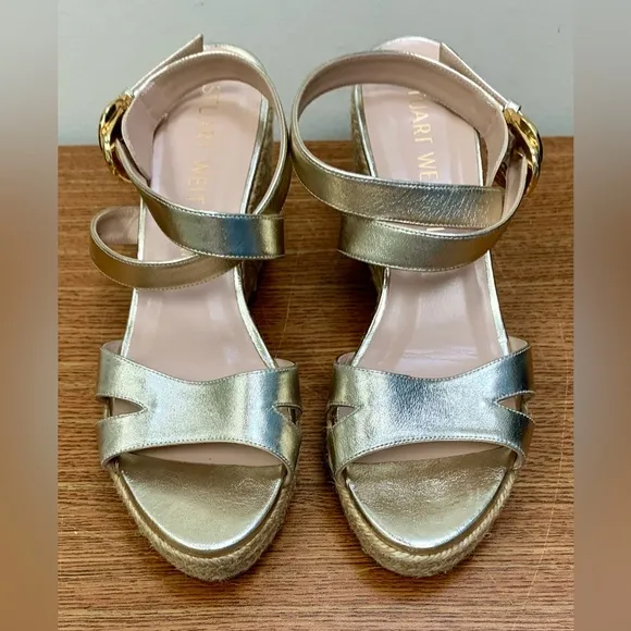Stuart Weitzman Zuzu gold espadrille wedge sandals