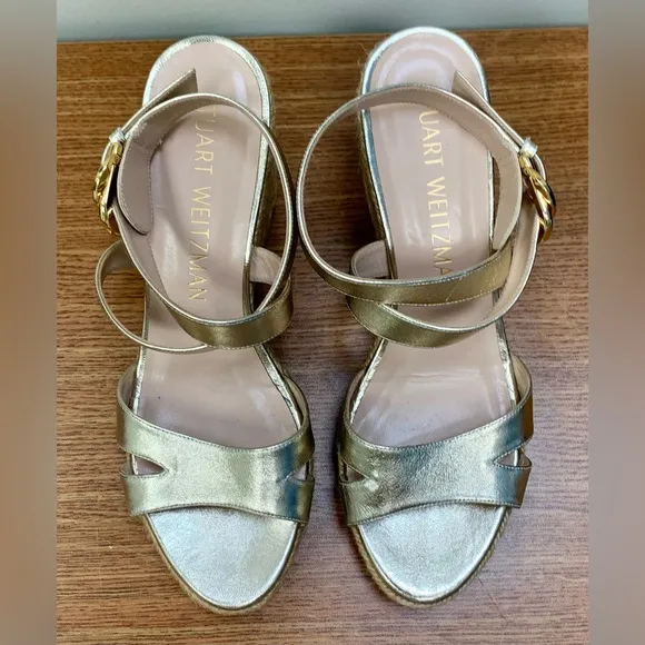 Stuart Weitzman Zuzu gold espadrille wedge sandals