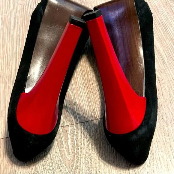 Stuart Weitzman Black Red Lacquer Pin Up Goth Vamp Peep Toe platform Heel 8