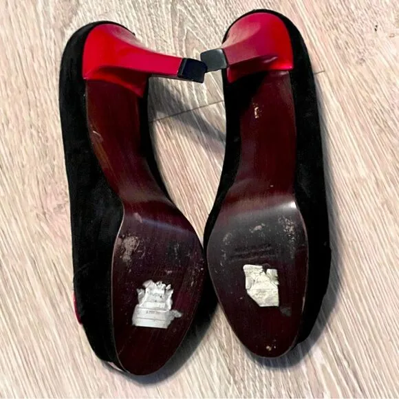 Stuart Weitzman Black Red Lacquer Pin Up Goth Vamp Peep Toe platform Heel 8