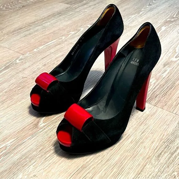 Stuart Weitzman Black Red Lacquer Pin Up Goth Vamp Peep Toe platform Heel 8