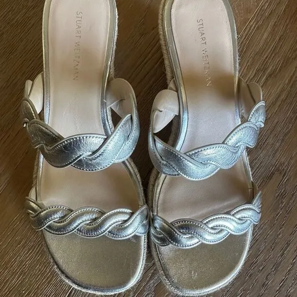 Stuart Weitzman Twisted Espadrille Slide Sandals In Platino