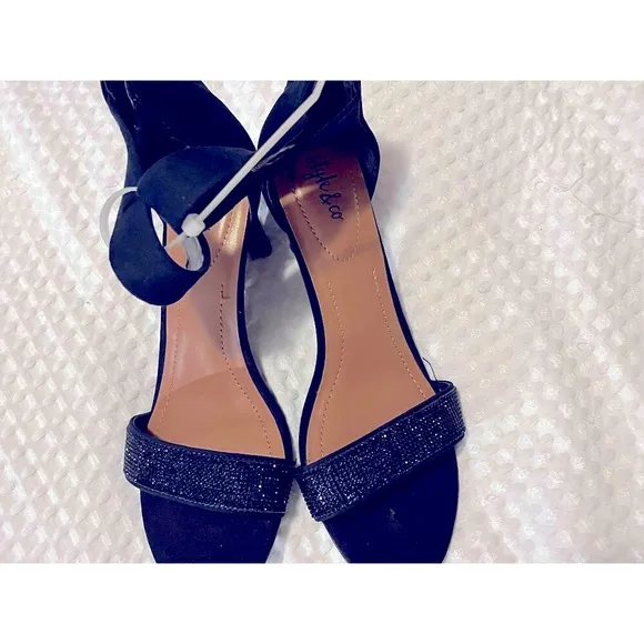 Style &amp; Co Dark Navy Microsuede Open Toe Stiletto Heels 6.5M, New Without Box.