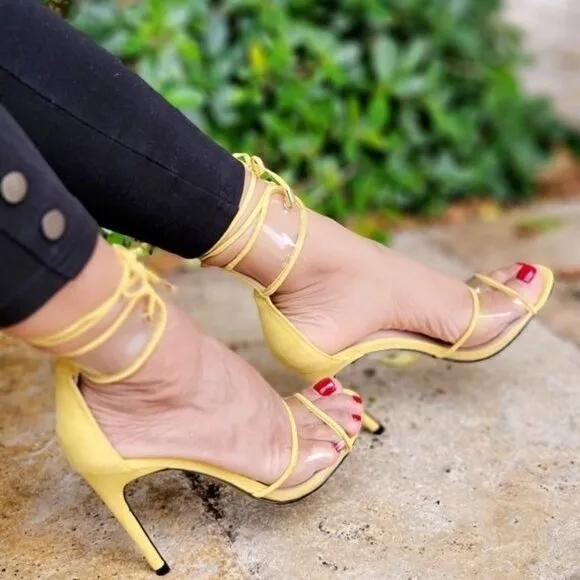 Suede Lace Up Yellow‎ Vinyl Clear Sandals Heels
