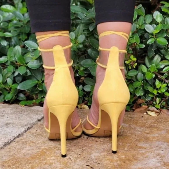 Suede Lace Up Yellow‎ Vinyl Clear Sandals Heels
